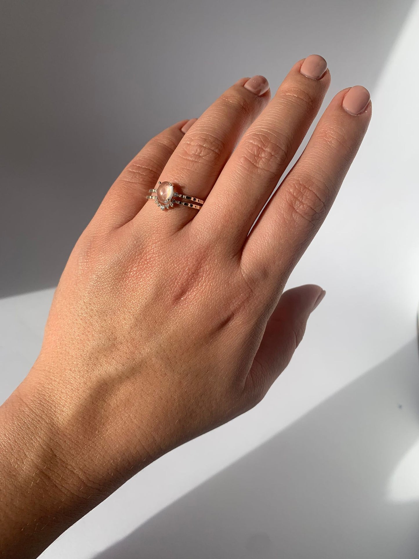 925 Silver Rose Quartz and White Topaz Double Ring / Love and Self-Esteem