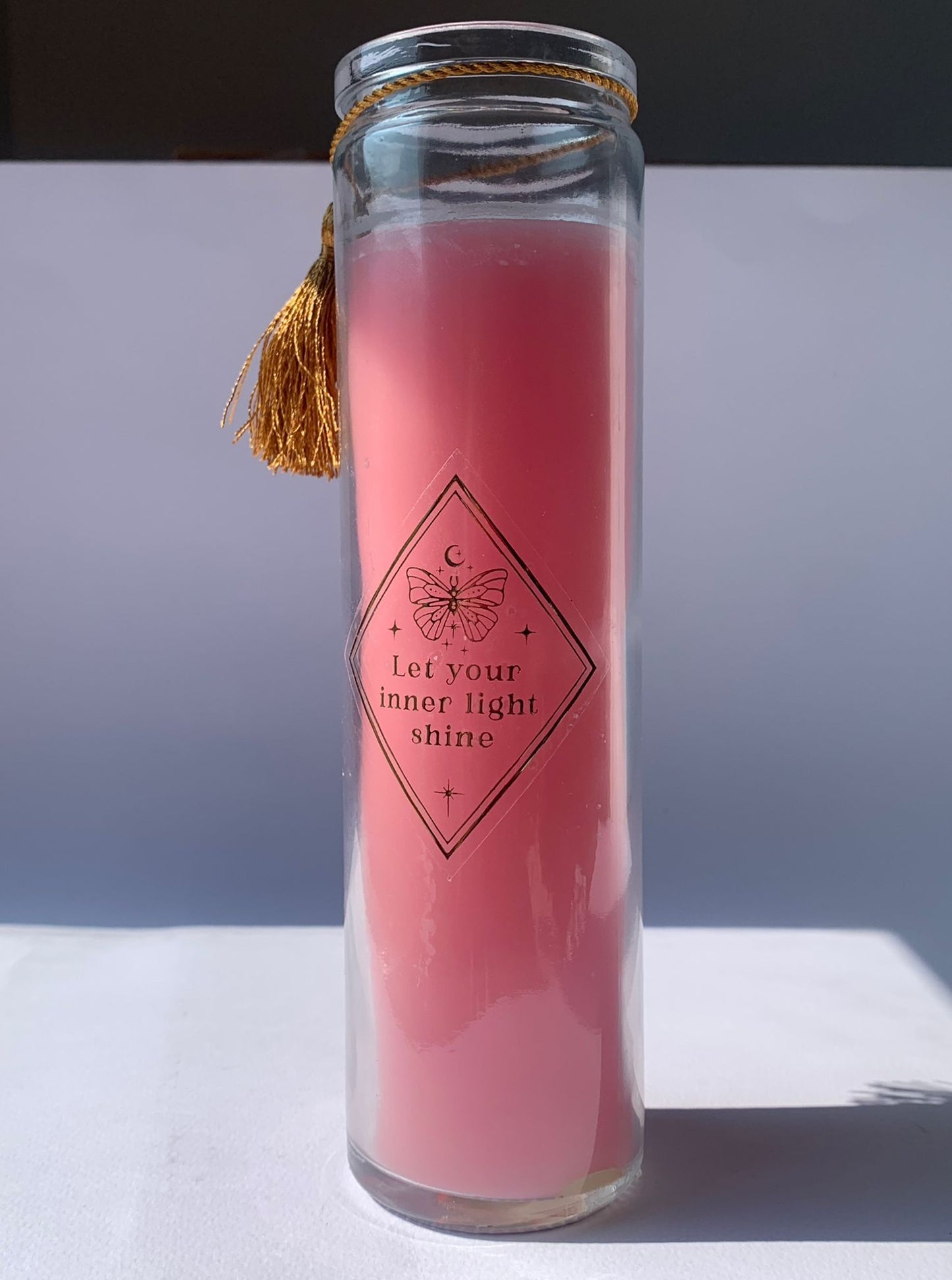 Candela "Lascia risplendere la tua luce interiore" con quarzo rosa