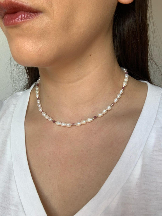 Collana in perle naturali d'acqua dolce e tormalina rosa / Protezione e ricchezza
