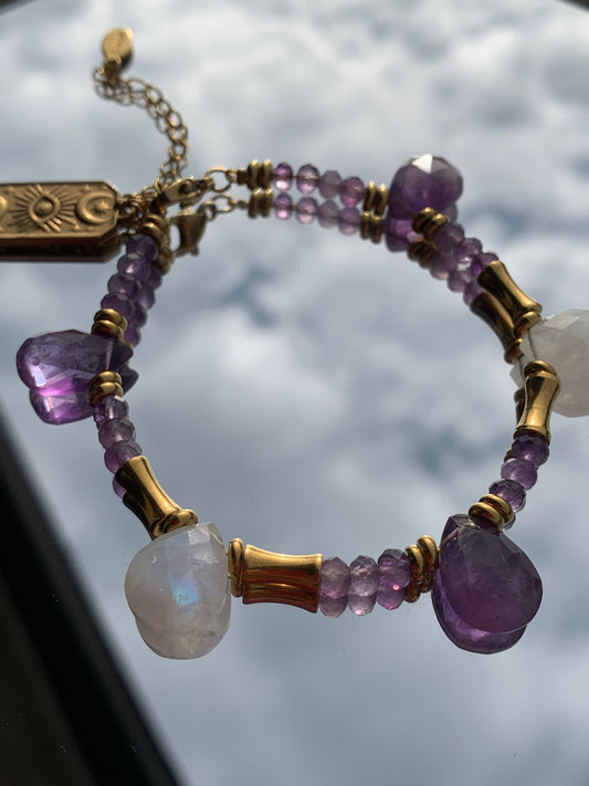 Bracciale regolabile in pietra di luna ed ametista di acciaio inossidabile