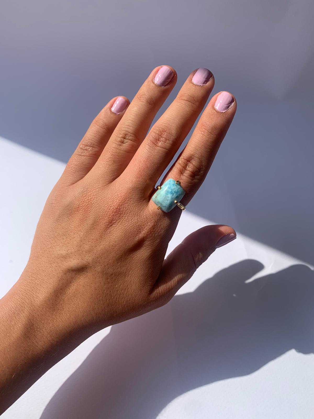 Anello regolabile in larimar di rame placcato / Equilibrio e serenità
