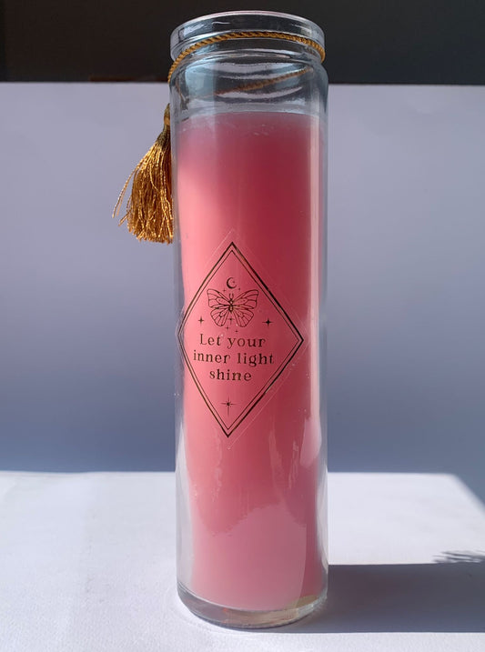 Candela "Lascia risplendere la tua luce interiore" con quarzo rosa
