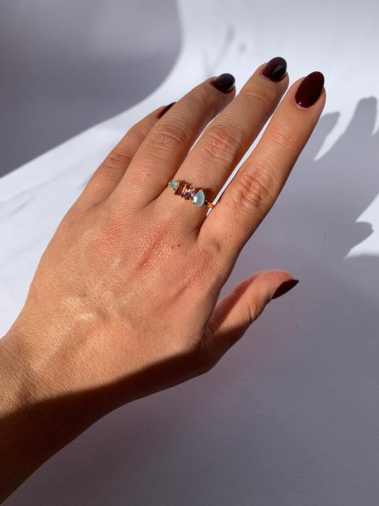 Anello in calcite, ametista e rodolite di argento 925 placcato in oro giallo 18 carati da 0,3 micron