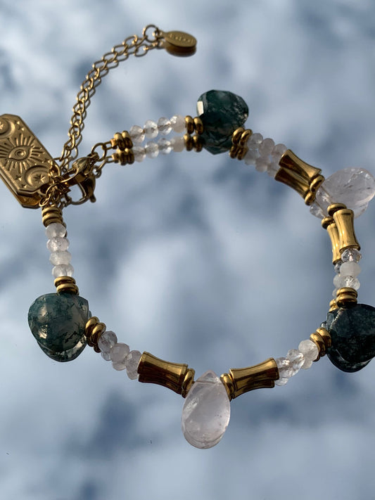 Bracciale regolabile in agata muschiata e quarzo rosa di acciaio inossidabile