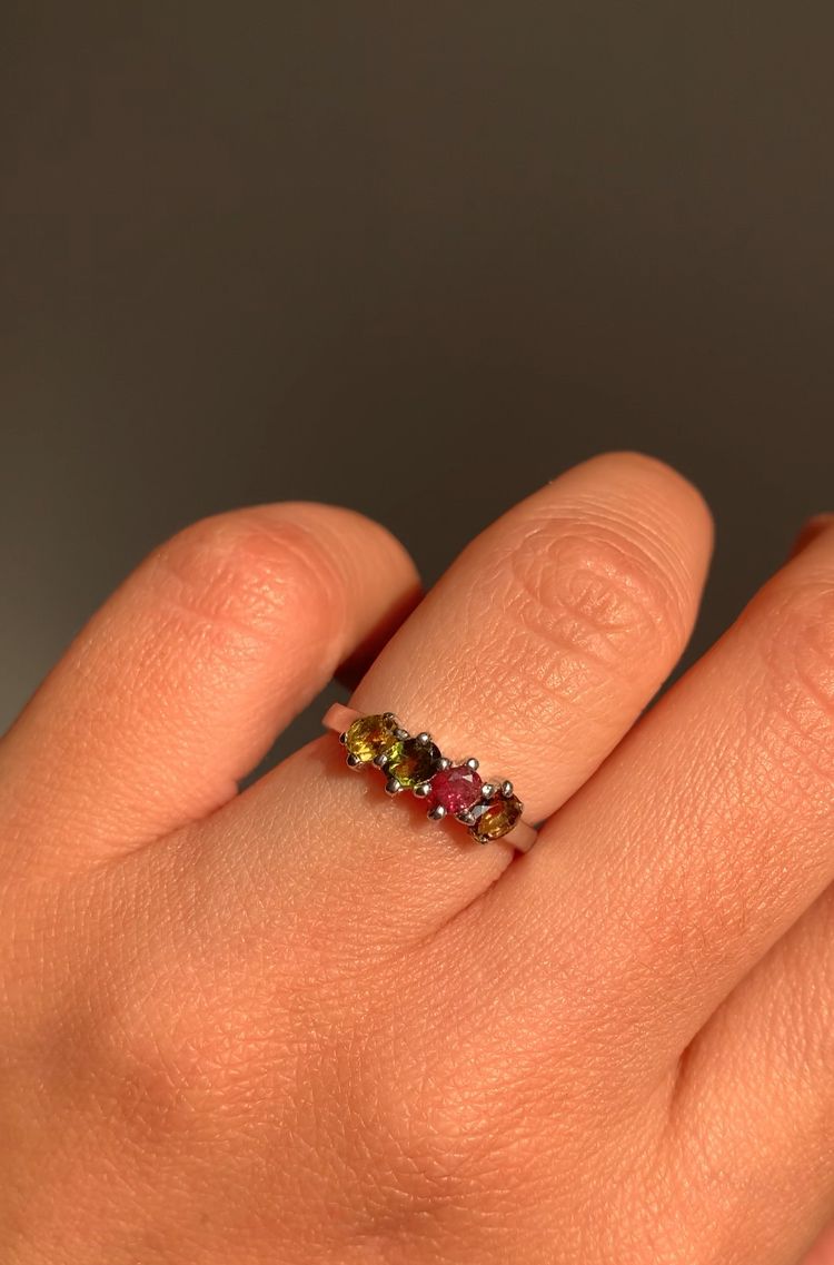 Anello in tormalina multicolore di argento 925 placcato in rodio / Purificazione e protezione
