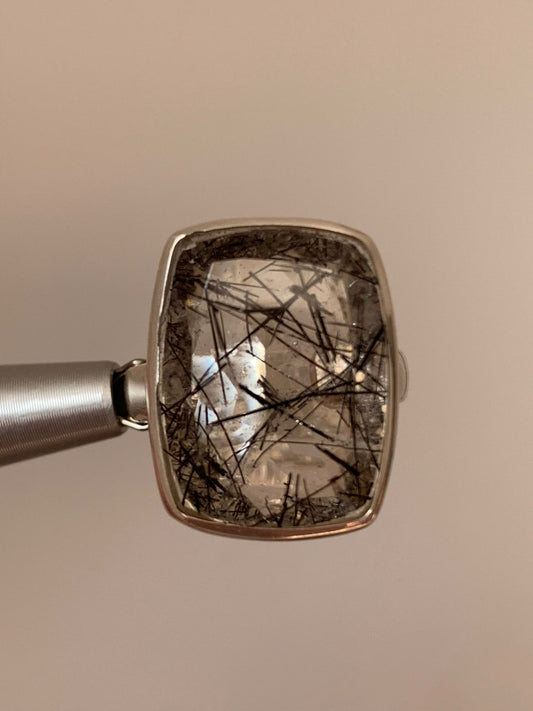 Anello regolabile in quarzo tormalinato di argento 925 / Protezione e radicamento