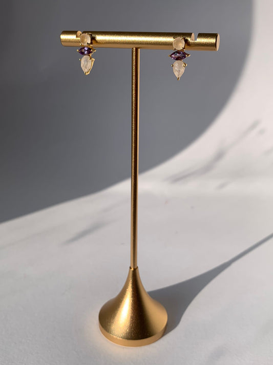 Orecchini in quarzo rosa ed ametista di argento 925 placcato in oro giallo 18 carati da 0,3 micron