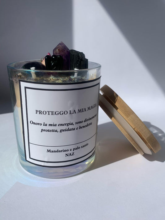 Candela in cera di soia PROTEGGO LA MIA MAGIA / Protezione (Mandarino e palo santo)