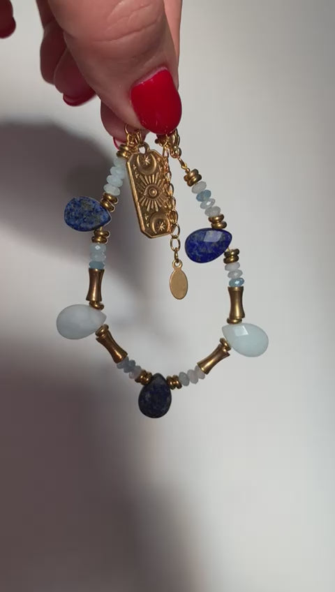 Bracciale regolabile in acquamarina e topazio di acciaio inossidabile