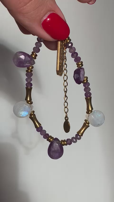 Bracciale regolabile in pietra di luna ed ametista di acciaio inossidabile