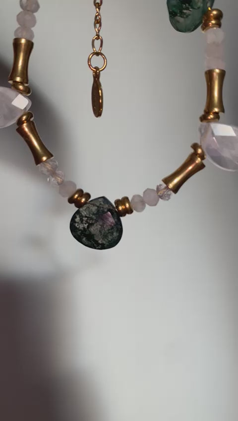 Bracciale regolabile in agata muschiata e quarzo rosa di acciaio inossidabile